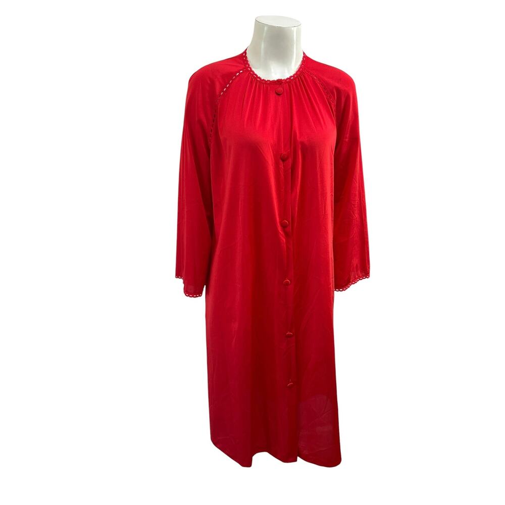 Vintage 60s Red Nylon Housecoat Robe Button Front Cutout Trim Medium -